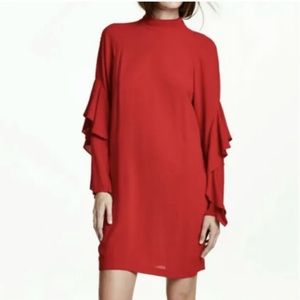 H&M Ruffle Sleeve Mock Neck Shift Dress Red sz 2